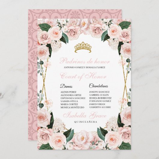 Blush Pink Floral Quinceanera Gerichtshof für Ehre Einladung (Vorne/Hinten)