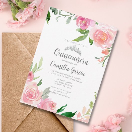 Blush Pink Floral Quinceañera Silver Tiara Elegant Einladung