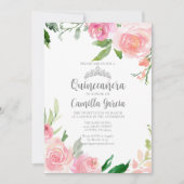 Blush Pink Floral Quinceañera Silver Tiara Elegant Einladung (Vorderseite)