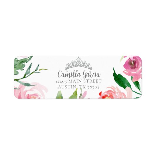 Blush Pink Floral Quinceañera Tiara Rücksendeadres (Vorne)