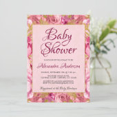 Blush Pink Floral Rose Babydusche Monogramm Einladung (Stehend Vorderseite)