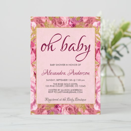 Blush Pink Floral Rose Babydusche Monogramm Einladung (Stehend Vorderseite)