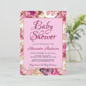 Blush Pink Floral Rose Babydusche Monogramm Einladung (Stehend Vorderseite)