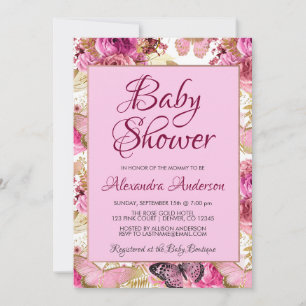 Blush Pink Floral Rose Babydusche Monogramm Einladung