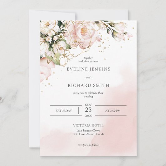 Blush Pink Floral Rose Boho Hochzeit Einladung (Vorderseite)