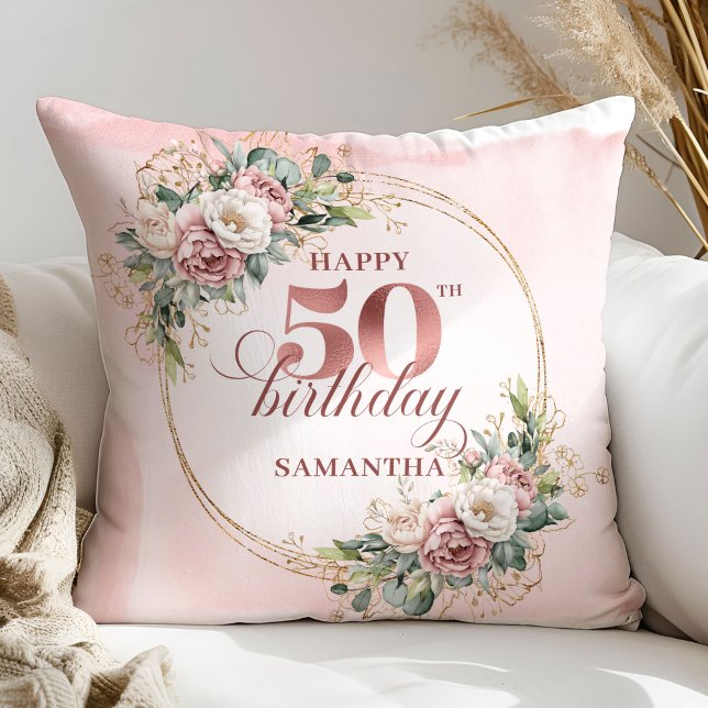 Blush Pink Floral Rose Gold 50th Birthday Pillow  Kissen (Blush Pink Floral Rose Gold 50th Birthday Pillow Gift)