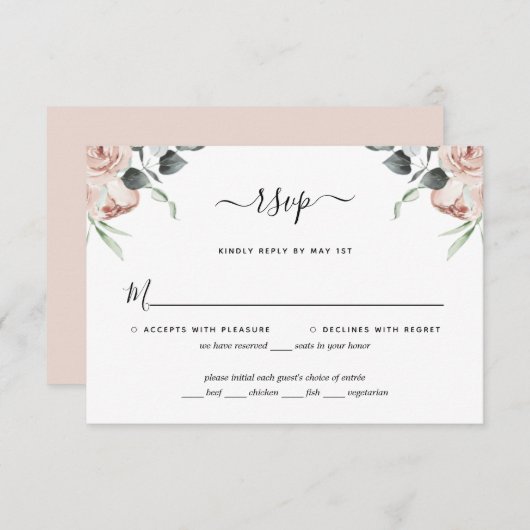 Blush Pink Floral Rose Hochzeit RSVP Card (Vorne/Hinten)