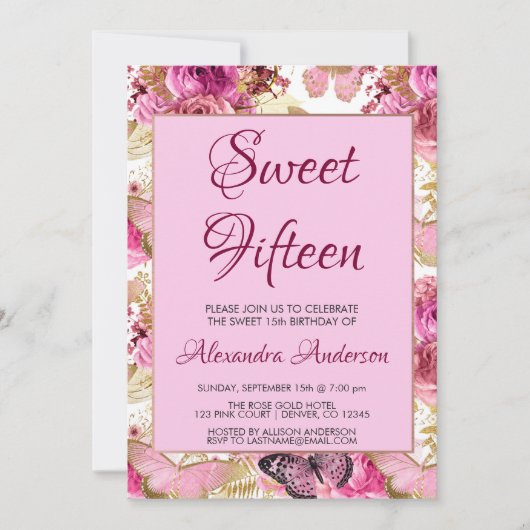 Blush Pink Floral Rose Sweet Fünfzehn Monogramm Einladung (Vorderseite)