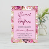Blush Pink Floral Rose Sweet Fünfzehn Monogramm Einladung (Stehend Vorderseite)