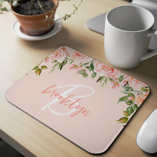 Blush Pink Floral Rosen Script Monogram Mousepad