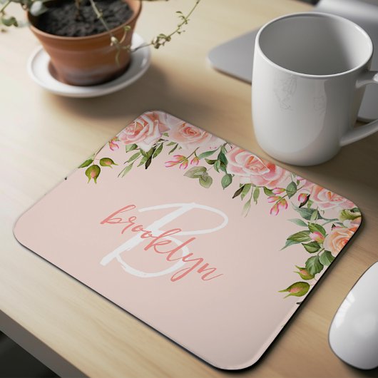 Blush Pink Floral Rosen Script Monogram Mousepad