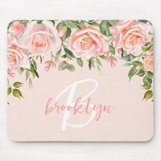 Blush Pink Floral Rosen Script Monogram Mousepad (Vorne)