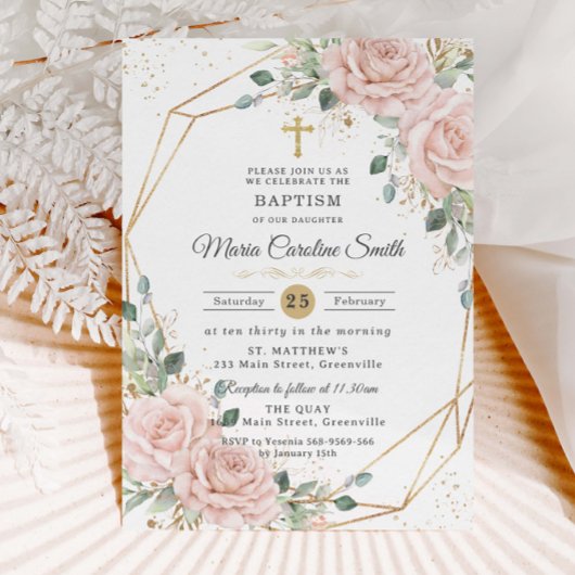 Blush Pink Floral Roses Gold Cross Baptism Einladung