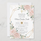 Blush Pink Floral Roses Gold Cross Baptism Einladung (Vorderseite)