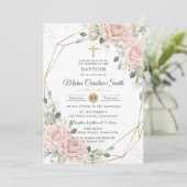 Blush Pink Floral Roses Gold Cross Baptism Einladung (Stehend Vorderseite)