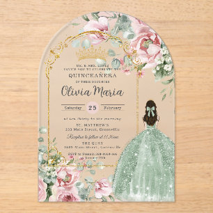 Blush Pink Floral Sage Green Quinceañera Sweet 16 Acryleinladungen