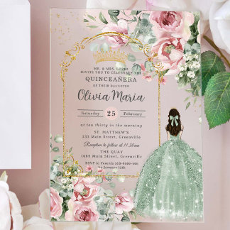 Blush Pink Floral Sage Green Quinceañera Sweet 16 Acryleinladungen