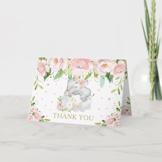 Blush Pink Floral Schlafen Elephant Baby Dusche Dankeskarte (Vorderseite)