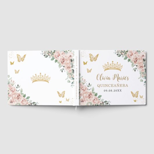 Blush Pink Floral Schmetterlinge Gold Quinceañera Gästebuch (Voll)