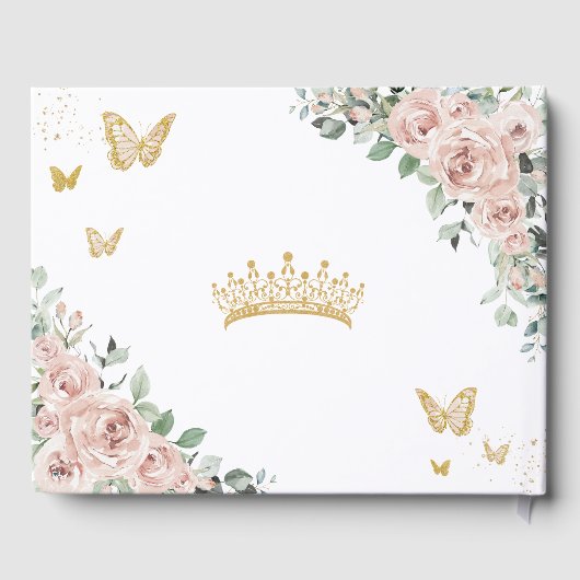 Blush Pink Floral Schmetterlinge Gold Quinceañera Gästebuch (Rückseite)