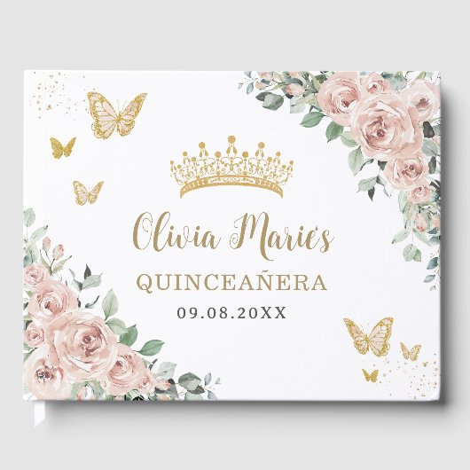 Blush Pink Floral Schmetterlinge Gold Quinceañera Gästebuch (Vorderseite)