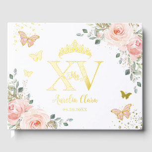 Blush Pink Floral Schmetterlinge Gold Quinceañera Gästebuch