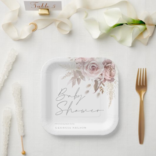 Blush Pink Floral Schöne Babydusche Pappteller (Hochzeit)