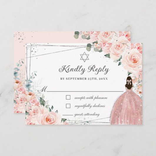 Blush Pink Floral Silver Bat Mitzvah Girl Dress RSVP Karte (Vorne/Hinten)