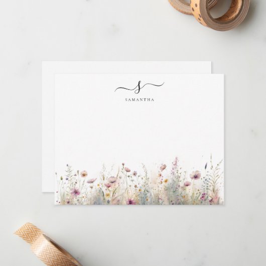 Blush Pink Floral Simple Chic Monogram Mitteilungskarte (Vorderseite/Rückseite Beispiel)