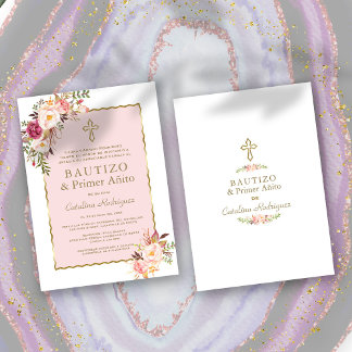 Blush Pink Floral Spanisch 1. Geburtstag & Taufe Einladung