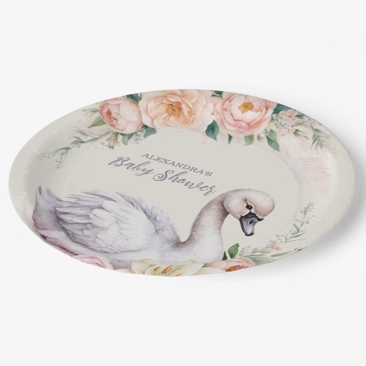 Blush Pink Floral Swan Princess Baby Dusche Pappteller (Schrägansicht)