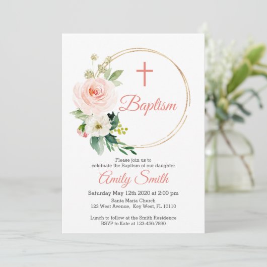 Blush Pink Floral Taufe Einladung (Stehend Vorderseite)