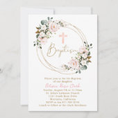 Blush Pink Floral Taufe Gold Rahmen Einladung (Vorderseite)