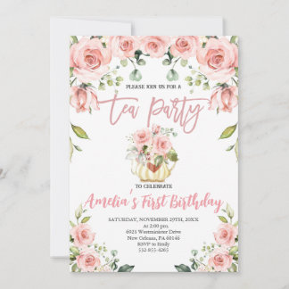 Blush Pink Floral Tee Party Erstgeburt Einladung