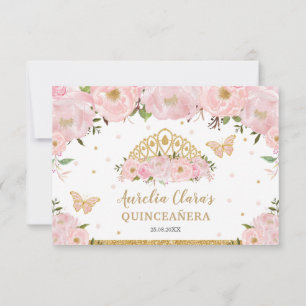 Blush Pink Floral Tiara Quinceañera Butterfliegen RSVP Karte
