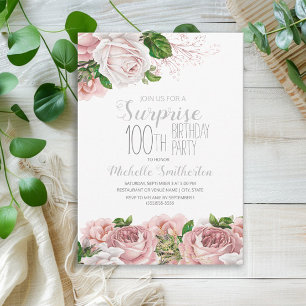 Blush Pink Floral Überraschung 100. Geburtstag Einladung