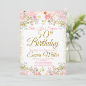 Blush Pink Floral Überraschung 50. Geburtstag Einladung (Stehend Vorderseite)