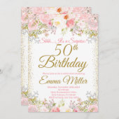 Blush Pink Floral Überraschung 50. Geburtstag Einladung (Vorne/Hinten)