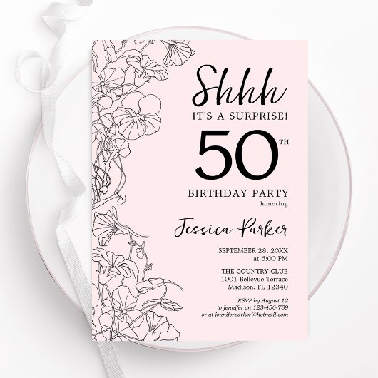 Blush Pink Floral Überraschung 50. Geburtstag Einladung