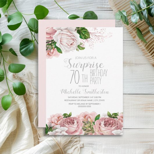 Blush Pink Floral Überraschung 70. Geburtstag Einladung