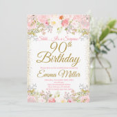 Blush Pink Floral Überraschung 90. Geburtstag Einladung (Stehend Vorderseite)