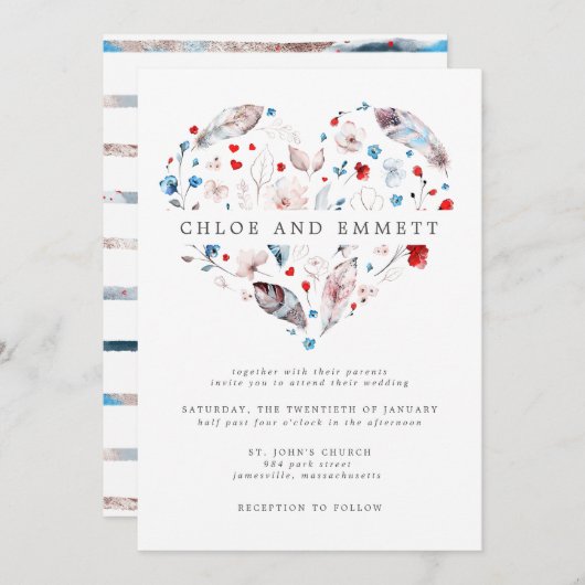 Blush Pink Floral und Feather Boho Heart Wedding Einladung (Vorne/Hinten)