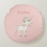 Blush Pink Floral Unicorn Rundes Kissen<br><div class="desc">Blush Pink Floral Unicorn</div>