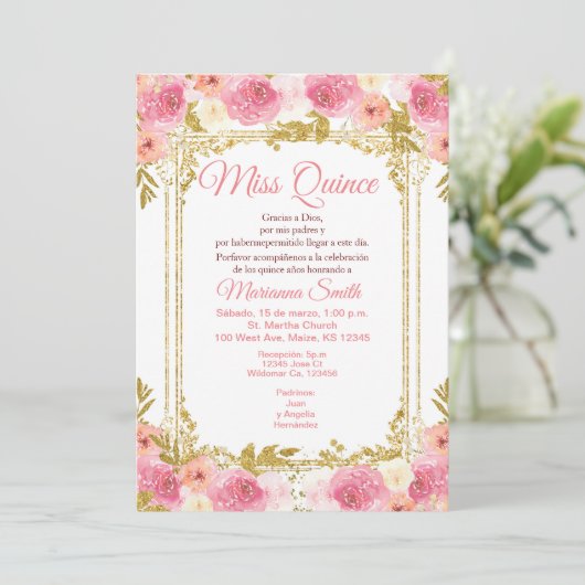Blush Pink Floral Wasserfarbe Mexikanische Miss Qu Einladung (Stehend Vorderseite)