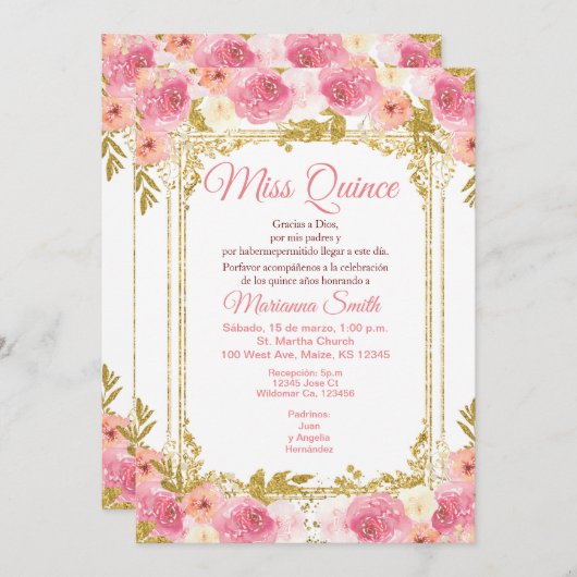 Blush Pink Floral Wasserfarbe Mexikanische Miss Qu Einladung (Vorne/Hinten)