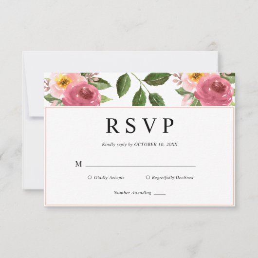 Blush Pink Floral Watercolor Hochzeit RSVP Karte (Vorderseite)