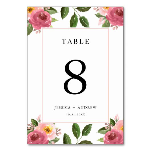 Blush Pink Floral Watercolor Hochzeit Tischnummer (Vorderseite)