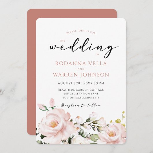 Blush Pink Floral Wedding Einladung (Vorne/Hinten)