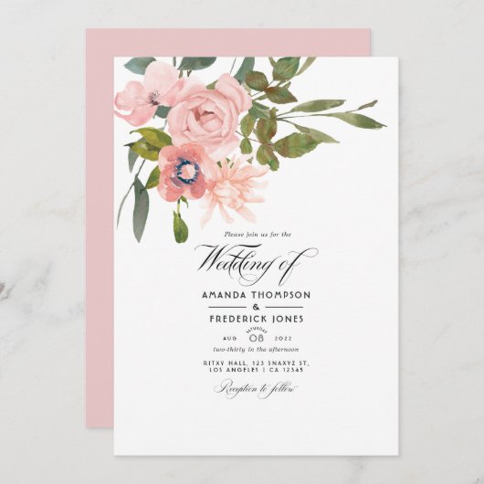 Blush Pink Floral Wedding Foto Einladung (Vorne/Hinten)