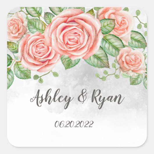 Blush Pink Floral Wedding Quadratischer Aufkleber (Vorderseite)